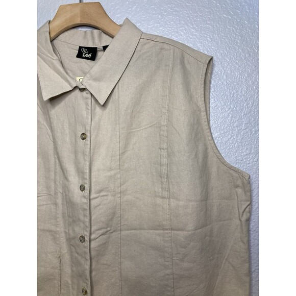 Vintage Ms Lee Linen Blend Tan Sleeveless Button Up Women's XL Minimalist Beachy - Picture 2 of 6